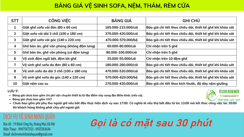 Bảng giá giặt ghế sofa tại Hà Nội